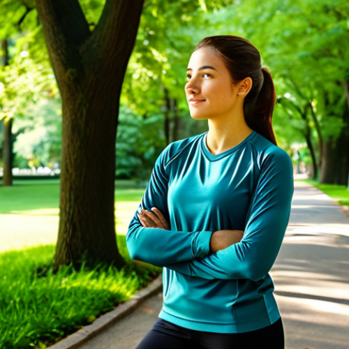 A serene woman, fully clothed in modest, comfortable athletic wear, enjoying a peaceful moment in a lush public park. Dappled sunlight filters through tall green trees, illuminating a winding path. She has a tranquil expression, embodying a deep connection with nature. Professional photography, high quality, realistic, perfect anatomy, correct proportions, natural pose, well-formed hands, proper finger count, natural body proportions, safe for work, appropriate content, family-friendly.
