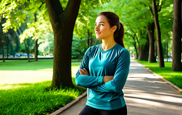 A serene woman, fully clothed in modest, comfortable athletic wear, enjoying a peaceful moment in a lush public park. Dappled sunlight filters through tall green trees, illuminating a winding path. She has a tranquil expression, embodying a deep connection with nature. Professional photography, high quality, realistic, perfect anatomy, correct proportions, natural pose, well-formed hands, proper finger count, natural body proportions, safe for work, appropriate content, family-friendly.