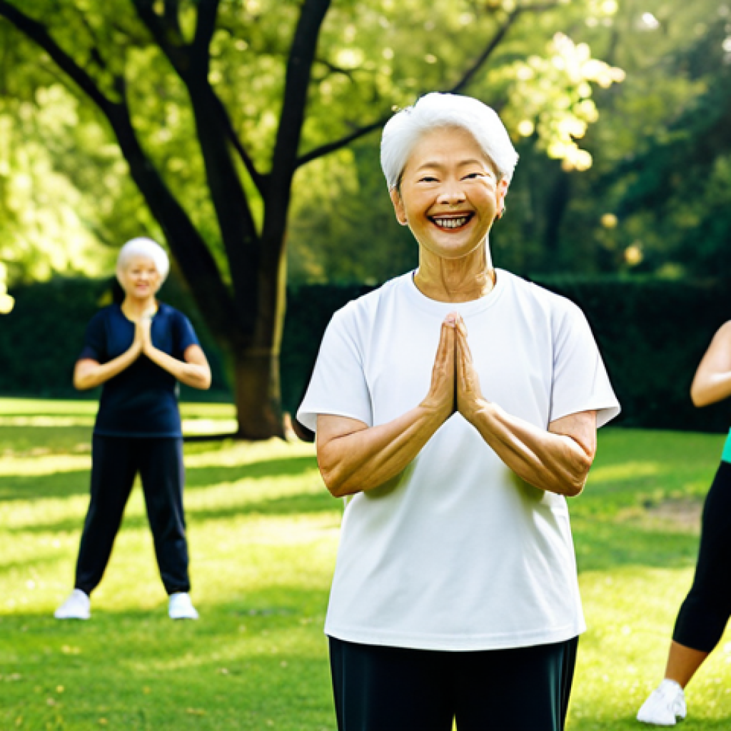 **

A diverse group of adults of varying ages, fully clothed in appropriate athletic wear, participating in a gentle Tai Chi class in a lush, green park. Sunlight filters through the trees, creating a peaceful and serene atmosphere. The instructor, a smiling woman, guides the class. Safe for work, appropriate content, fully clothed, professional, family-friendly, perfect anatomy, natural pose, well-formed hands, proper finger count, natural body proportions, high quality, professional photography.

**