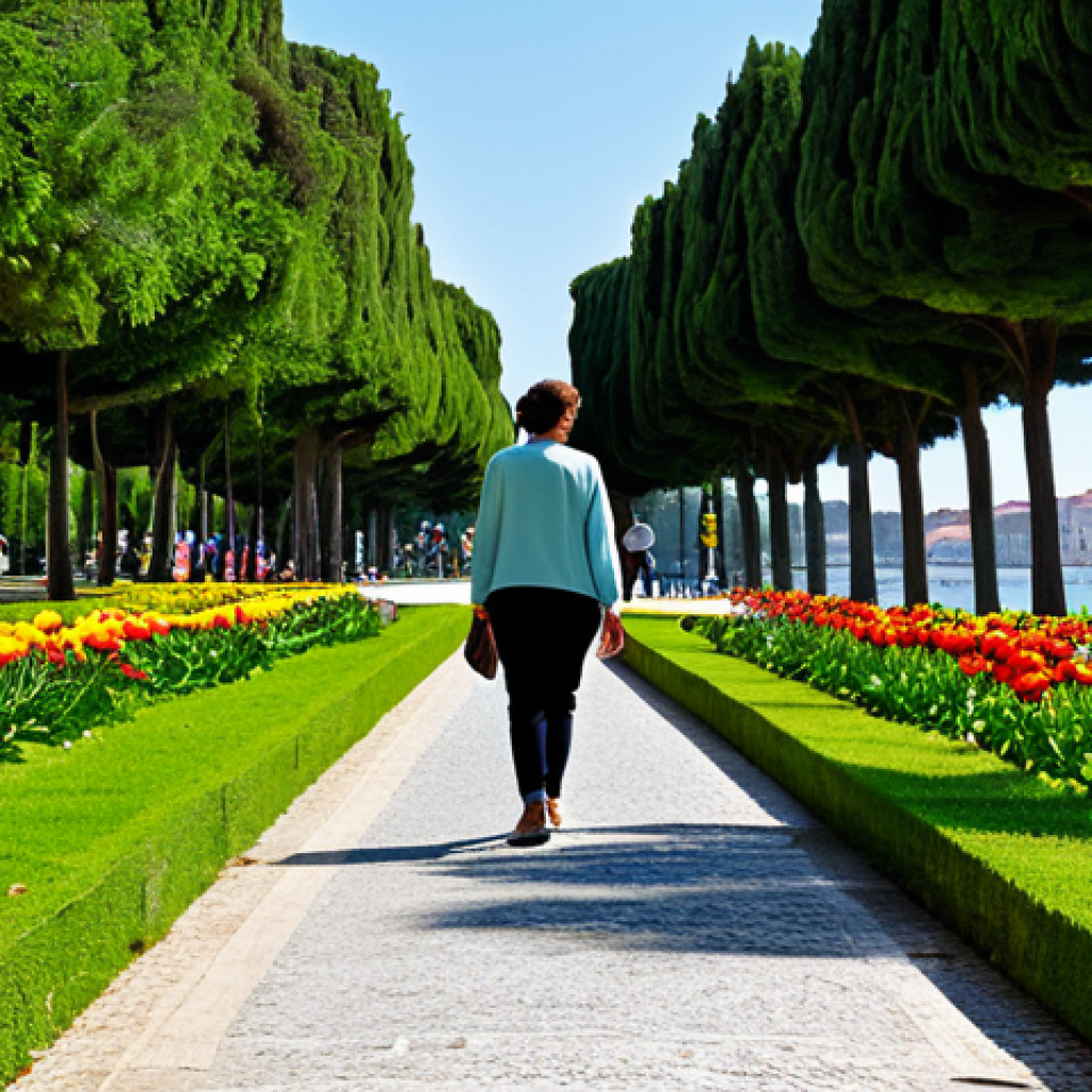Serene Park Scene**
A woman in comfortable, modest clothing walking through Parque Eduardo VII in Lisbon, Portugal. Lush green trees and vibrant flowers surround her. In the background, a clear view of the Tagus River. Safe for work, appropriate content, fully clothed, professional photography, perfect anatomy, natural pose, modest, family-friendly, high-resolution.
**