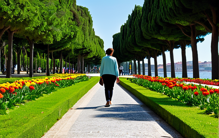 Serene Park Scene**
A woman in comfortable, modest clothing walking through Parque Eduardo VII in Lisbon, Portugal. Lush green trees and vibrant flowers surround her. In the background, a clear view of the Tagus River. Safe for work, appropriate content, fully clothed, professional photography, perfect anatomy, natural pose, modest, family-friendly, high-resolution.
**