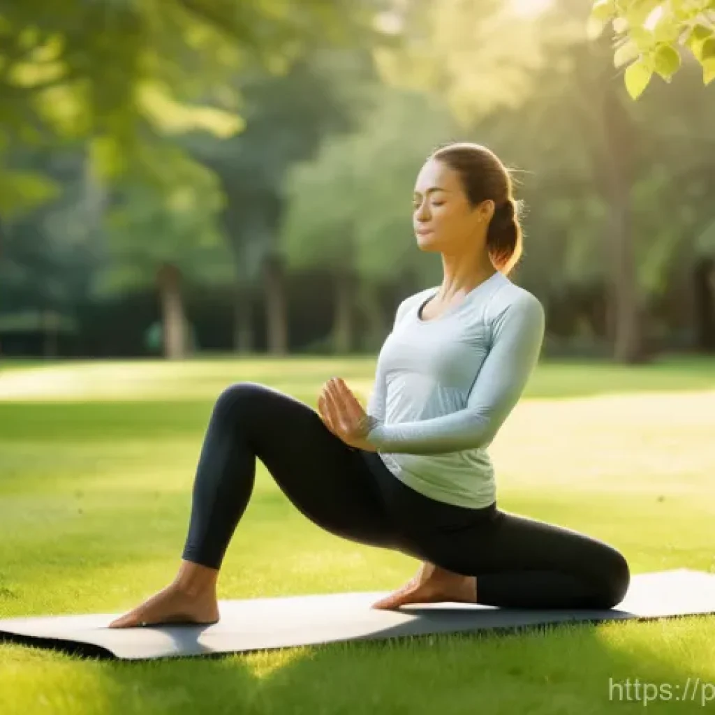 그린 운동 처방과 지역 사회의 역할 - **"A serene and vibrant park scene at sunrise, focusing on a woman in her late 30s practicing gentle...