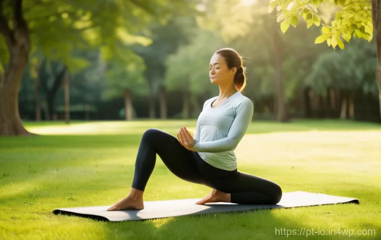 그린 운동 처방과 지역 사회의 역할 - **"A serene and vibrant park scene at sunrise, focusing on a woman in her late 30s practicing gentle...