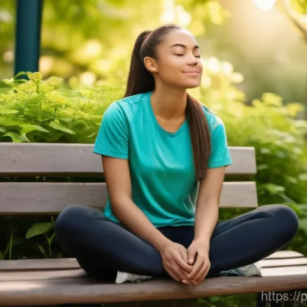 그린 운동 처방에 대한 학술적 논의 - **"Urban Oasis Relaxation"**: A young woman, dressed in comfortable and modest athletic wear (leggin...