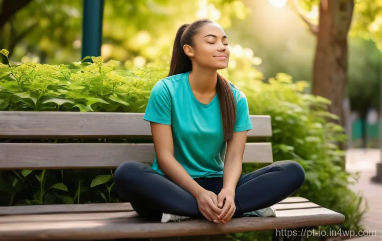 그린 운동 처방에 대한 학술적 논의 - **"Urban Oasis Relaxation"**: A young woman, dressed in comfortable and modest athletic wear (leggin...