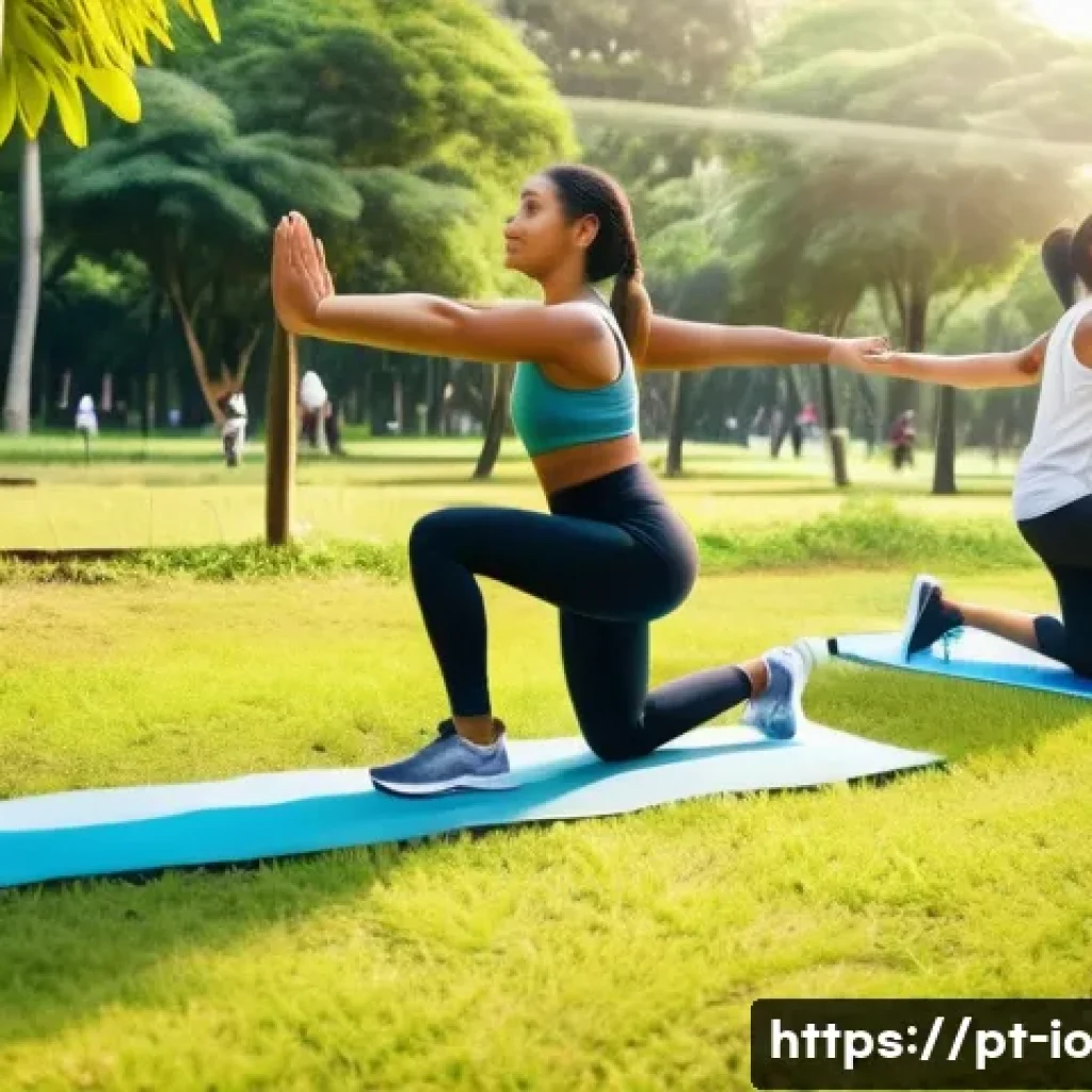그린 운동 처방과 관련된 연구 동향 - A diverse group of adults exercising together in a lush urban park in Brazil during late afternoon, ...