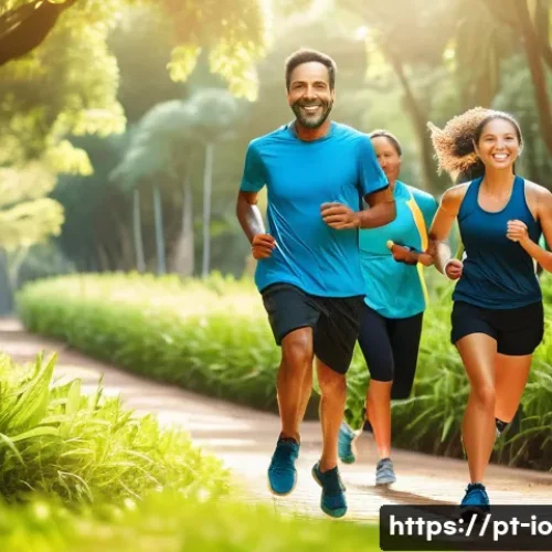Home 32 그린 운동 처방의 성공 사례 분석 - A diverse group of adults jogging and walking along a well-maintained urban park trail in Brazil, su...