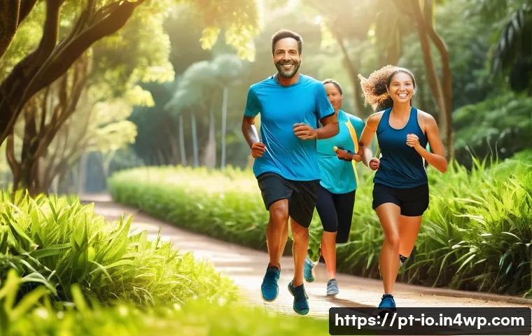 그린 운동 처방의 성공 사례 분석 - A diverse group of adults jogging and walking along a well-maintained urban park trail in Brazil, su...