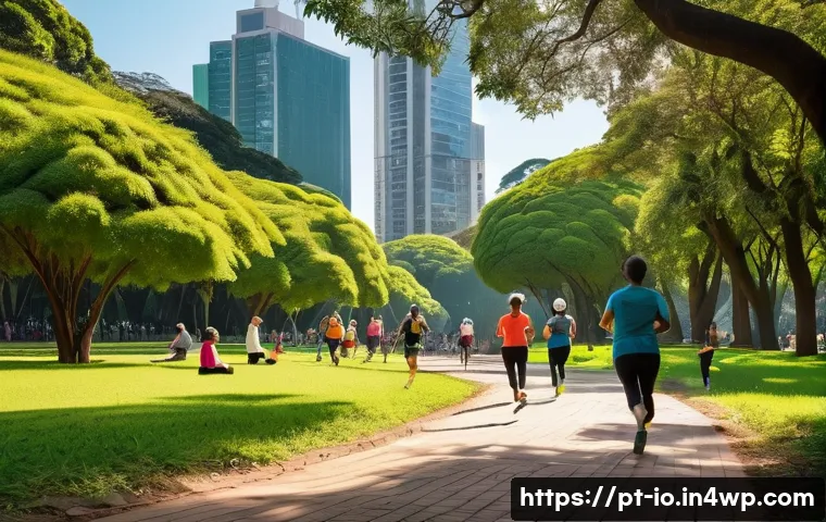 그린 운동 처방의 직접적인 효과 분석 - A serene urban park scene in São Paulo, Brazil, during a sunny afternoon: diverse group of people of...