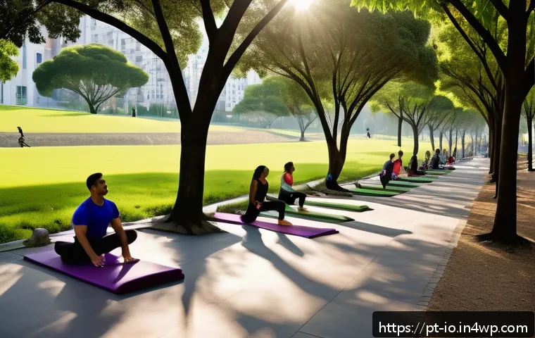 그린 운동 처방의 사회적 책임 강조 - A vibrant urban park scene in Brazil during a sunny afternoon, featuring diverse groups of people en...