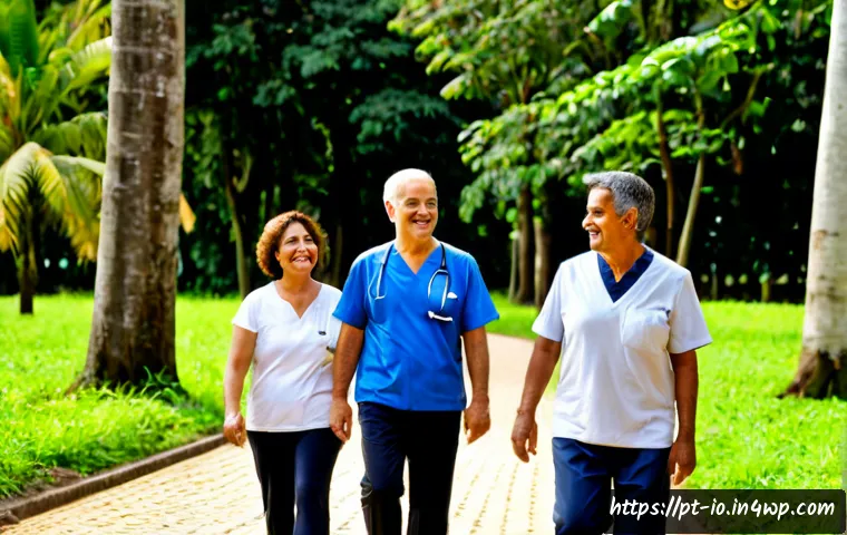 Home 17 그린 운동 처방에 대한 대중의 인식 변화 - Photorealistic public health scene in a lush urban park in São Paulo, Brazil, a middle-aged Brazilia...